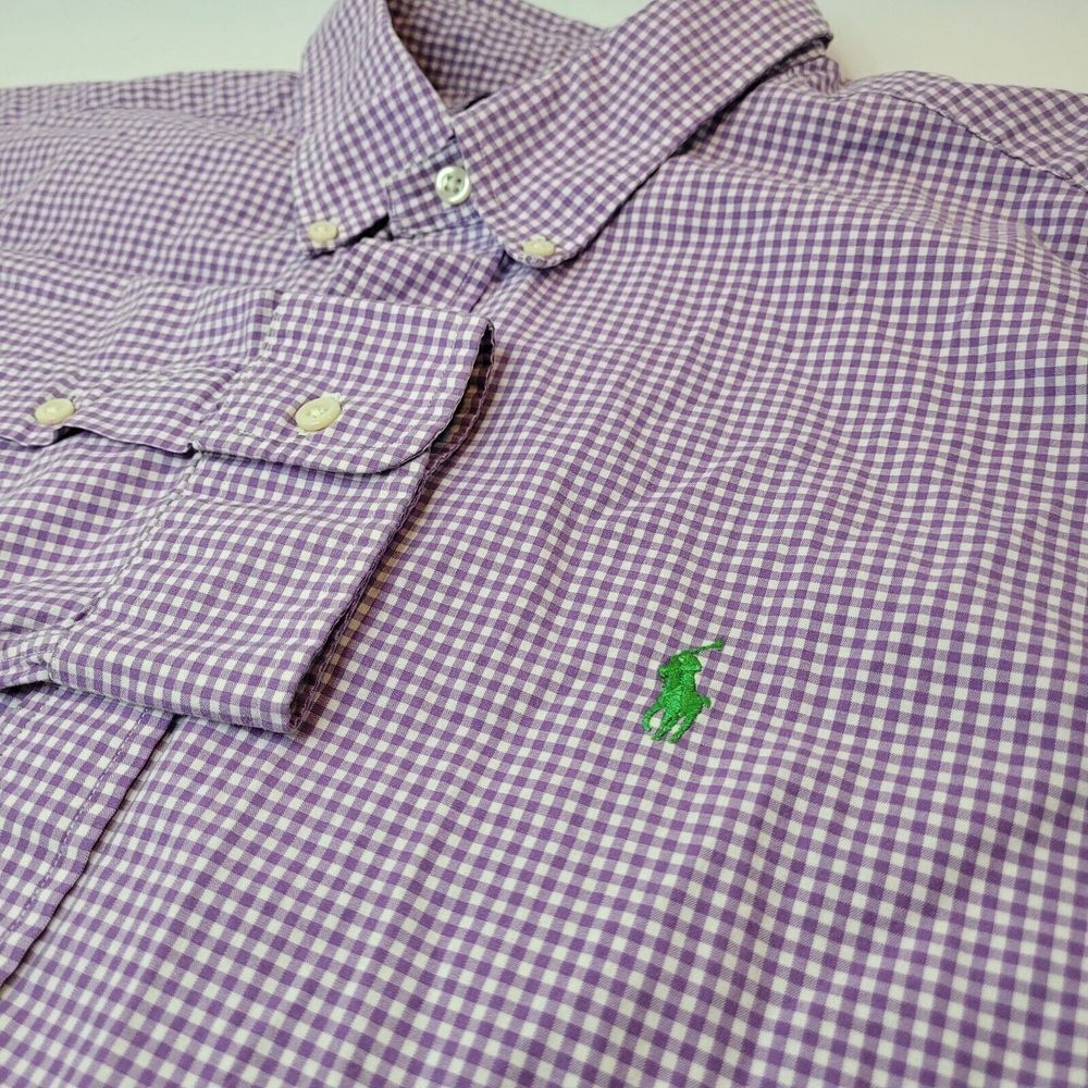 Ralph Lauren Mens Button Up Shirt Size XL Purple Gingham Long Sleeve‎ Green Pony